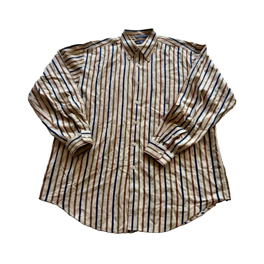 Vintage Nautica Button Down Shirt Mens Large Tan Blue Brown Stripe USA Cotton